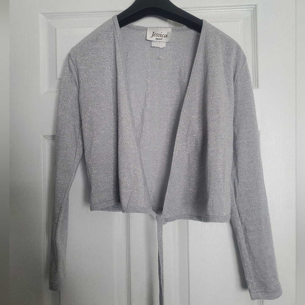 Jessica Sport Silver Shimmer Tie Front Cropped Cardigan